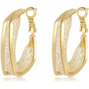 ✨Hius Women Gold Plated Filigree Chunky Twisted Hoop Disco Cubic Dangle Earrings